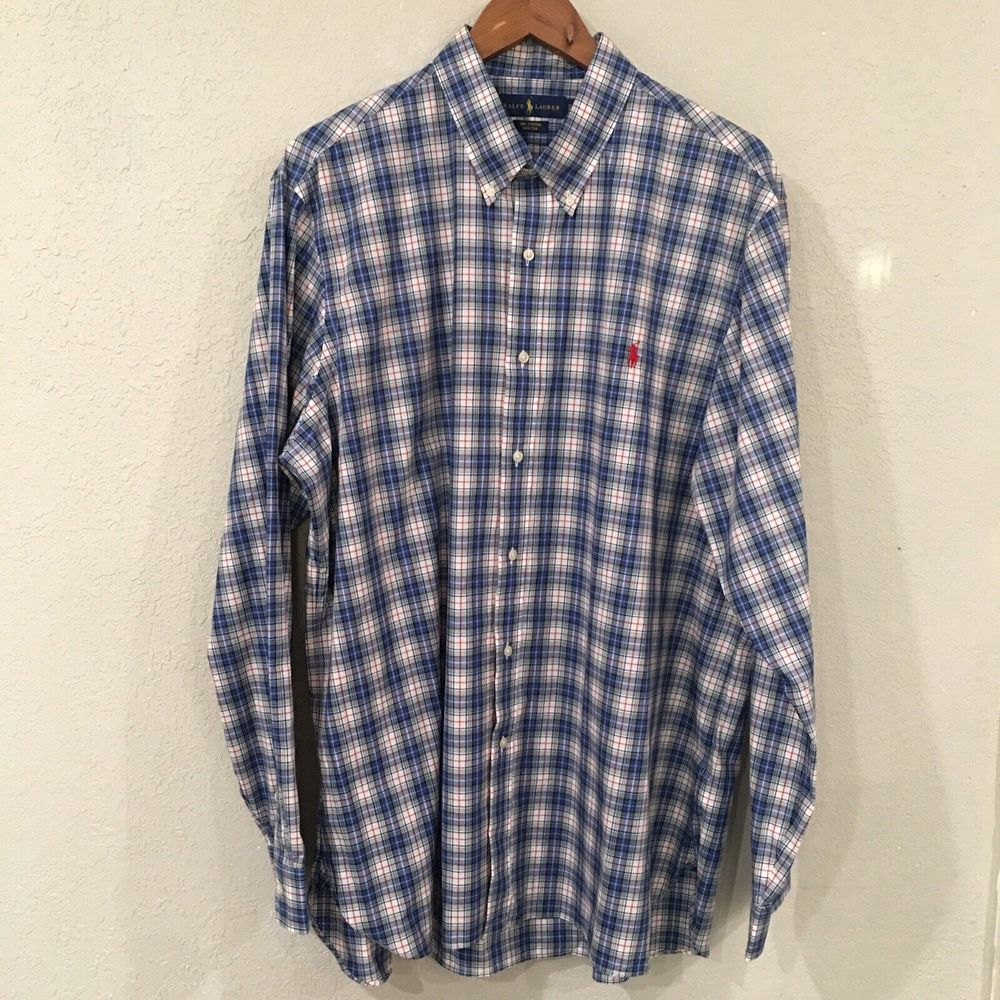 Ralph Lauren Men XXL Dress Shirt Blue Plaid Button Up Embroidered 100% Cotton